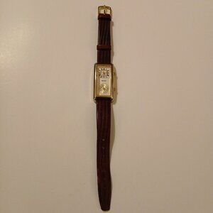 Vtg Pedre Dual Time Women’s Gold Tone Brown Leather Rectangular Watch Japan Movt